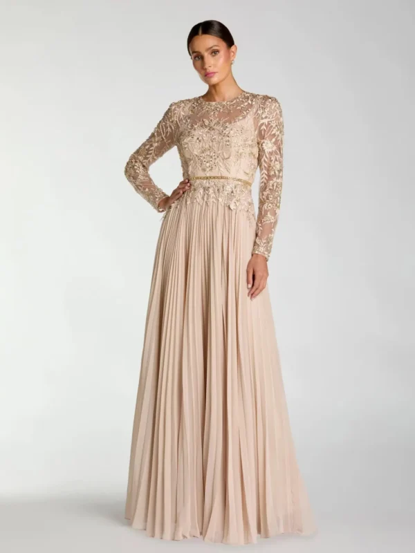 Beige Long Sleeve Chiffon Embellished Gown