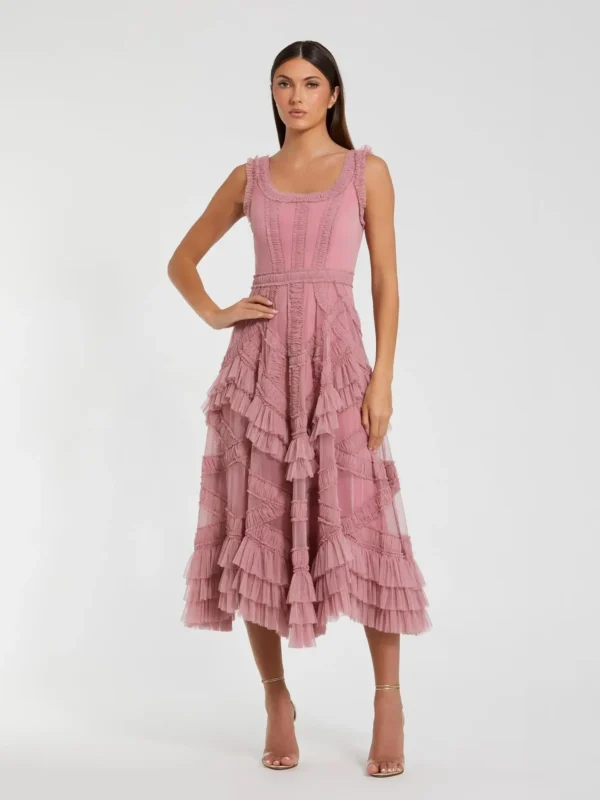 Pink Scoop Neck Sleeveless Micro Ruffle Midi Dress