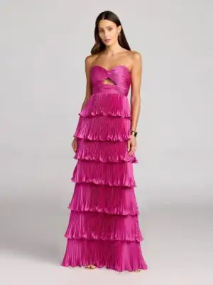 Dark Pink Pleated Charmeuse Strapless Tiered Ruffle Gown