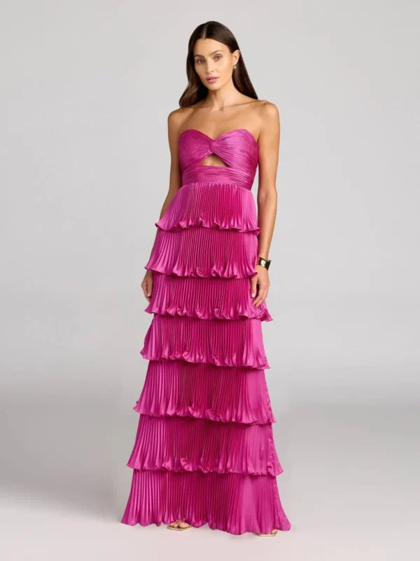 Dark Pink Pleated Charmeuse Strapless Tiered Ruffle Gown