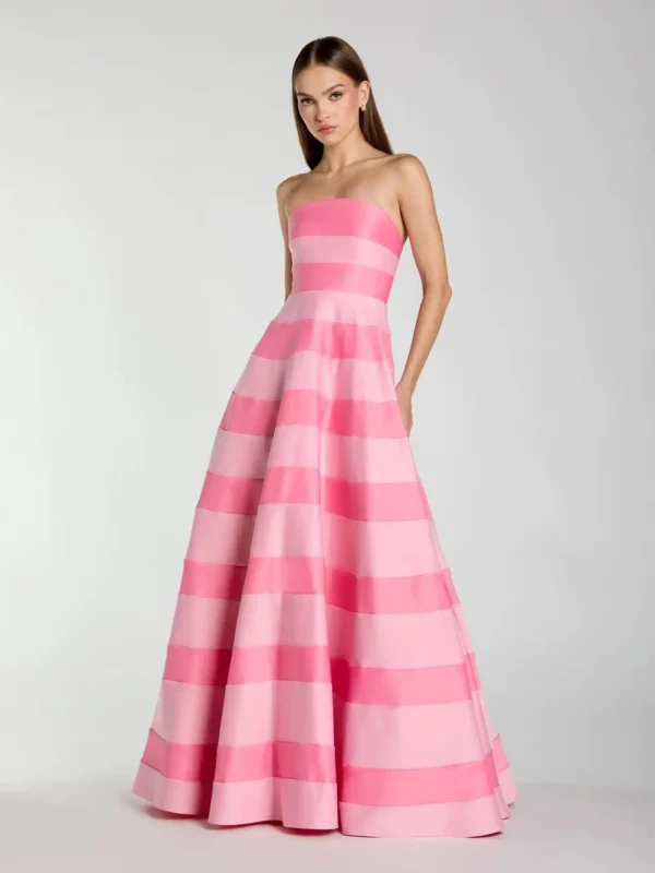 Pink Striped Strapless Satin Ballgown With Pockets