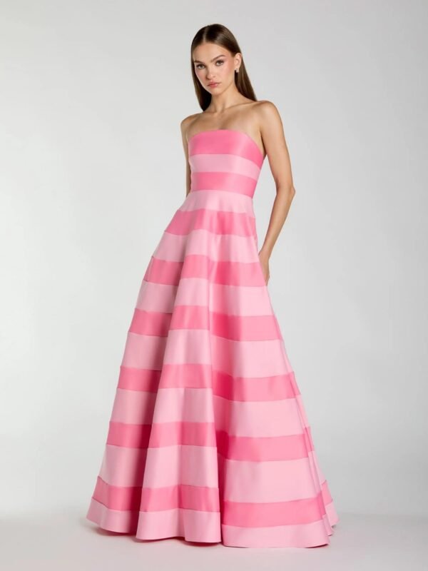 Pink Striped Strapless Satin Ballgown With Pockets