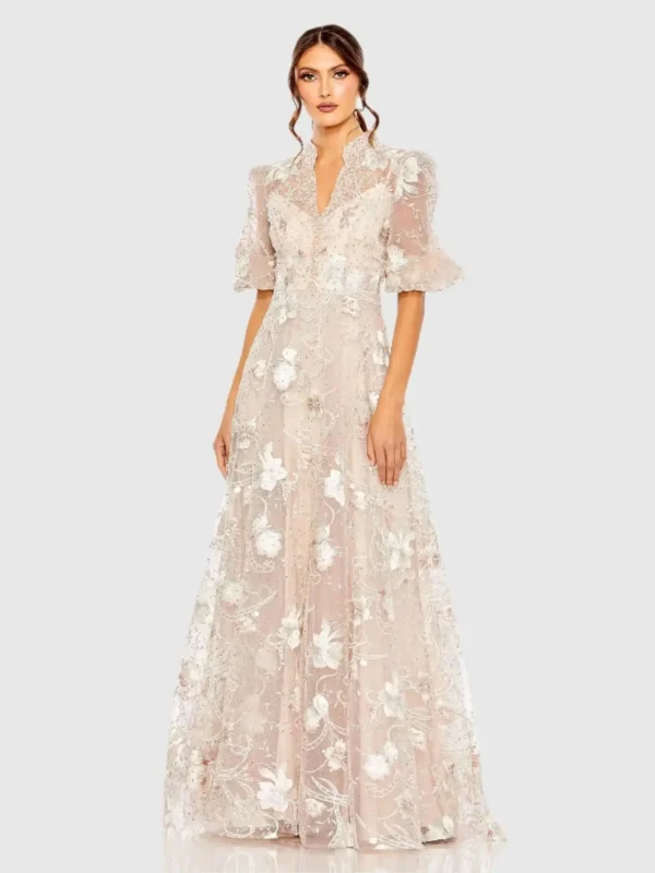 Petite Pink Queen Anne Puff Sleeve A-Line Gown