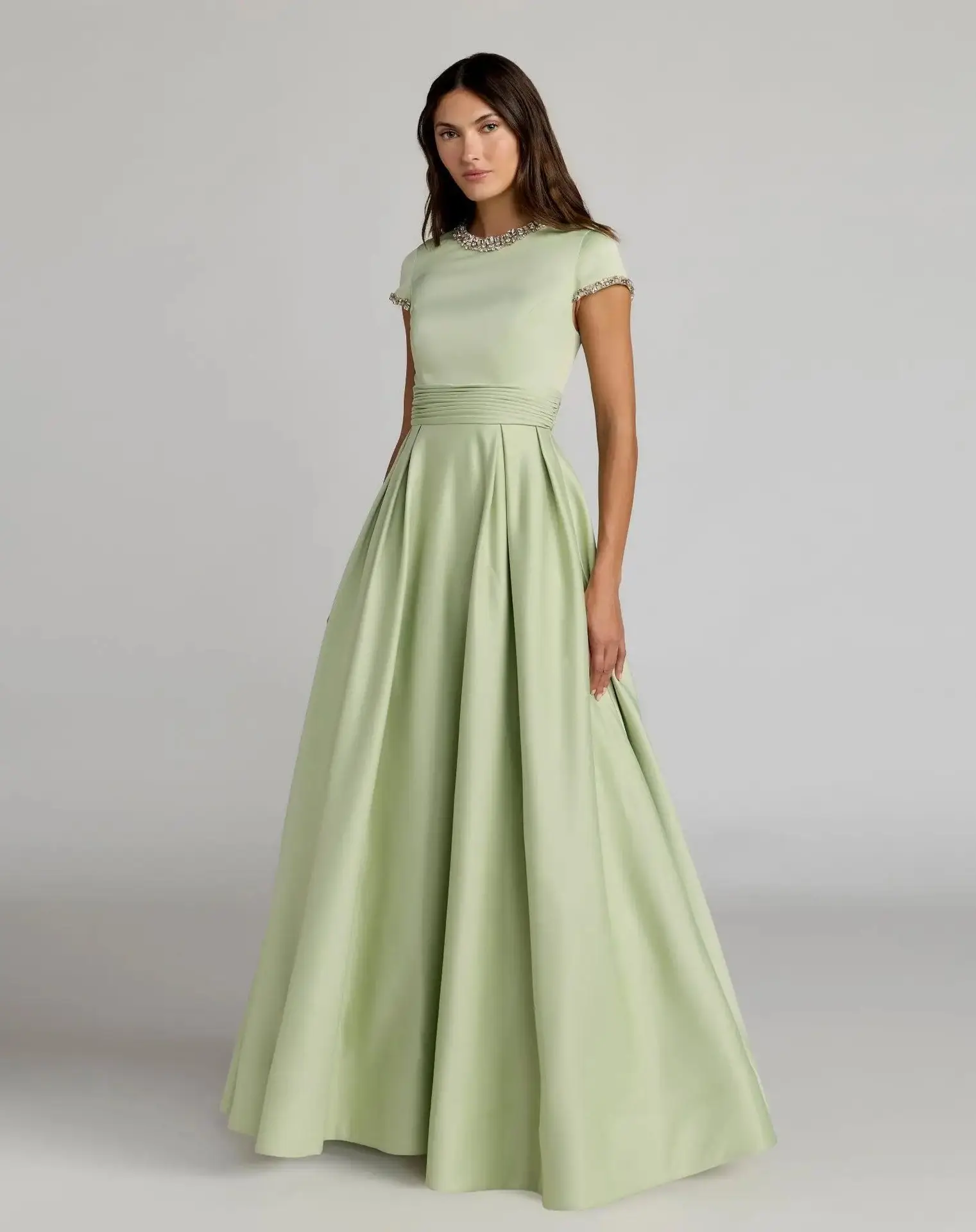 Green Embellished Satin Cap Sleeve Ball Gown