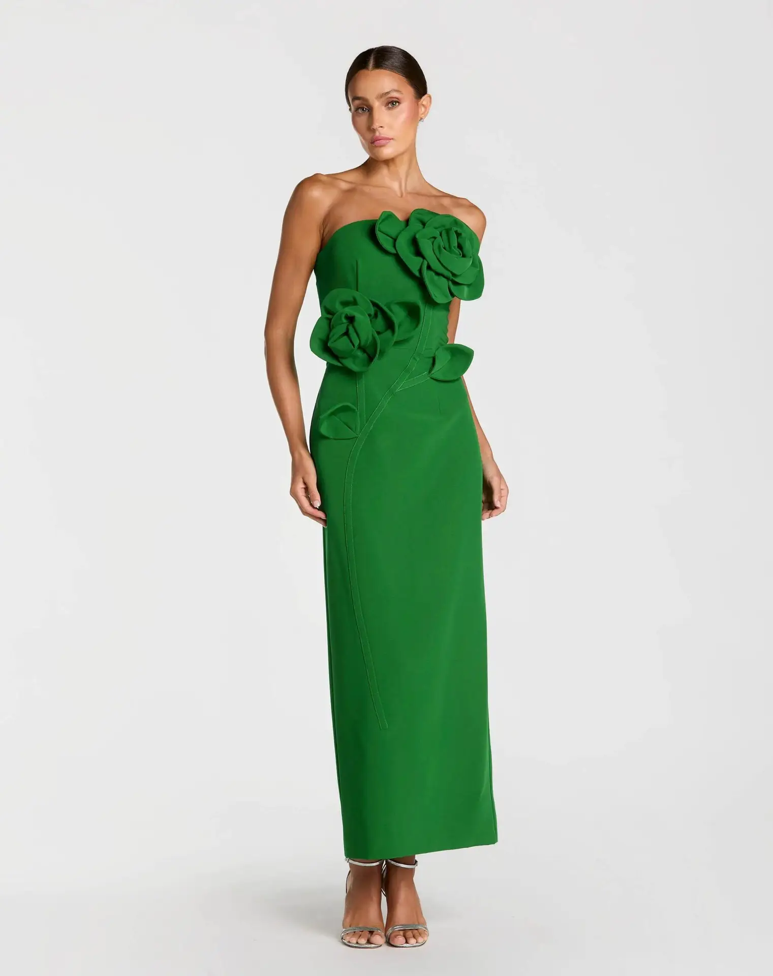 Petite Green Strapless Crepe Dress With 3D Flower Detail