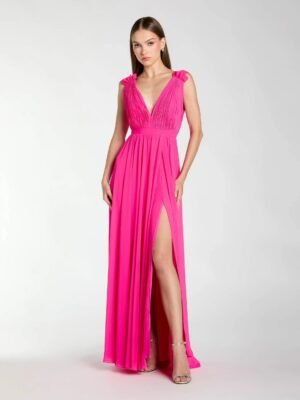 Petite Pink Sleeveless Pleated Chiffon V-Neck Gown