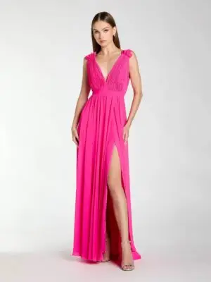 Petite Pink Sleeveless Pleated Chiffon V-Neck Gown