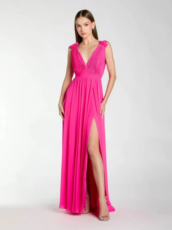 Petite Pink Sleeveless Pleated Chiffon V-Neck Gown