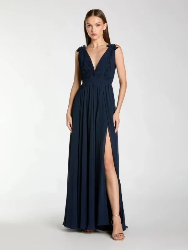 Petite Navy Pleated Chiffon Sleeveless V-Neck Gown