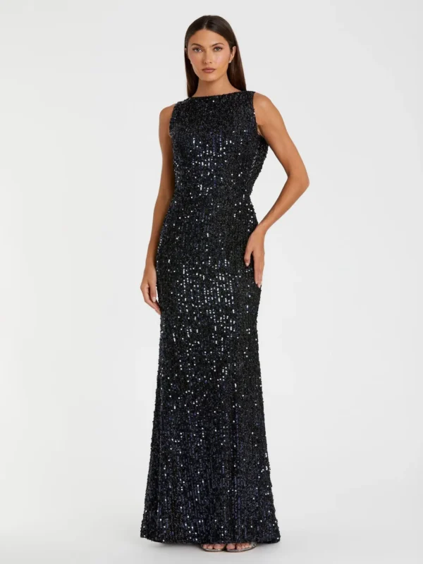 Petite Navy Cowl Back Boat Neck Sequined Evening Gown