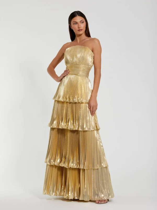 Petite Gold Strapless Pleated Metallic Layered Ruffle Gown