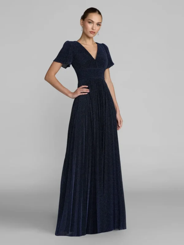 Navy Pleated Metallic Flutter Sleeve A Line Gown