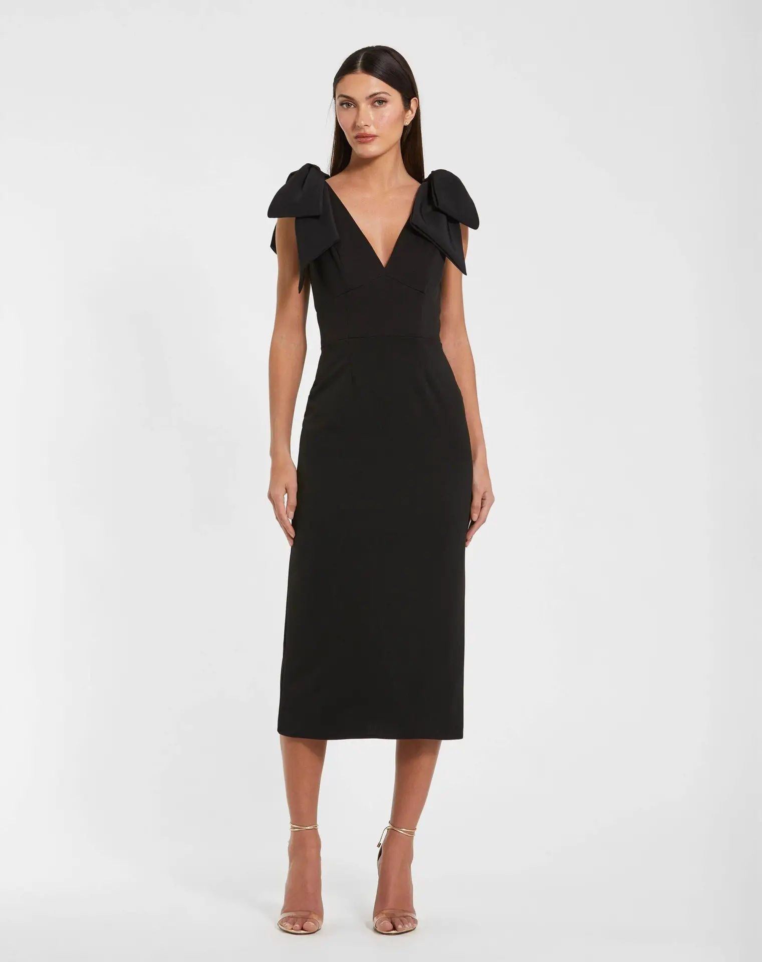 Petite Black Bow Strap Crepe Fitted Midi Dress