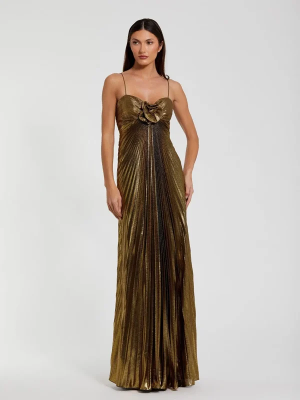 Petite Gold Metallic Pleated Gown with 3D Flower