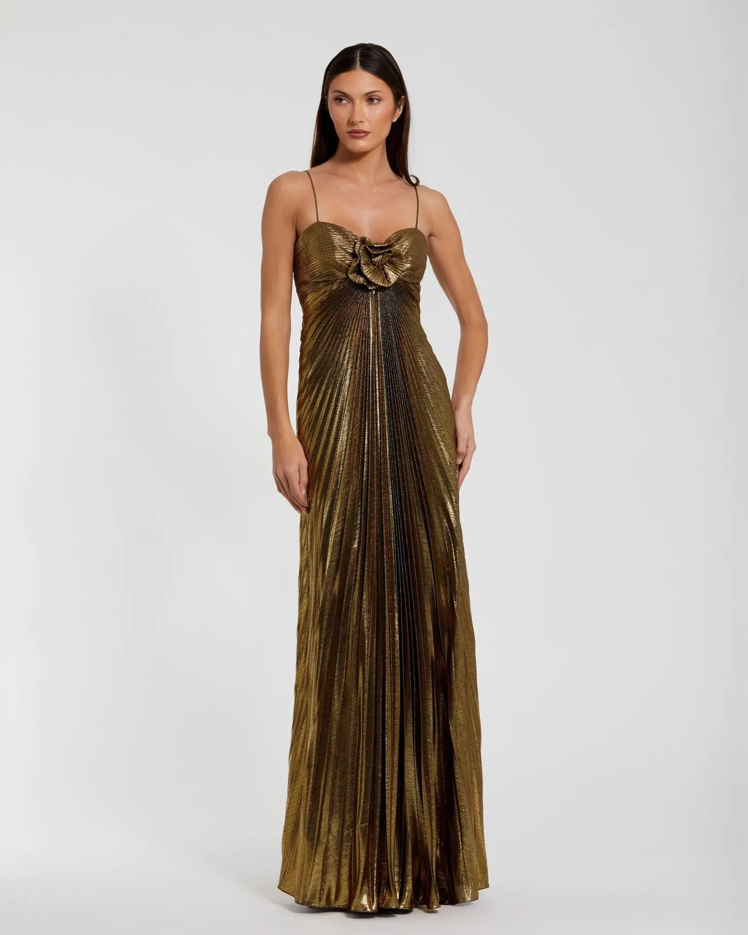 Petite Gold Metallic Pleated Gown with 3D Flower