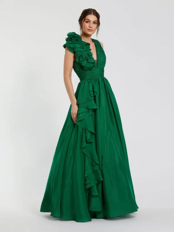 Petite Emerald Green Ruffle Shoulder V-Neck Chiffon Gown