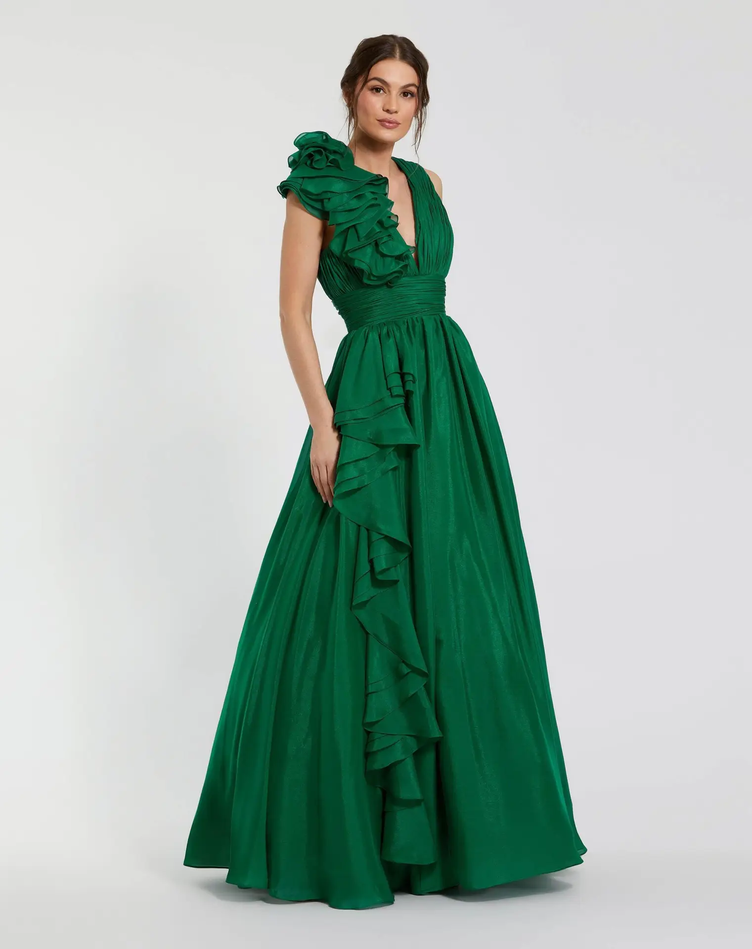 Petite Emerald Green Ruffle Shoulder V-Neck Chiffon Gown