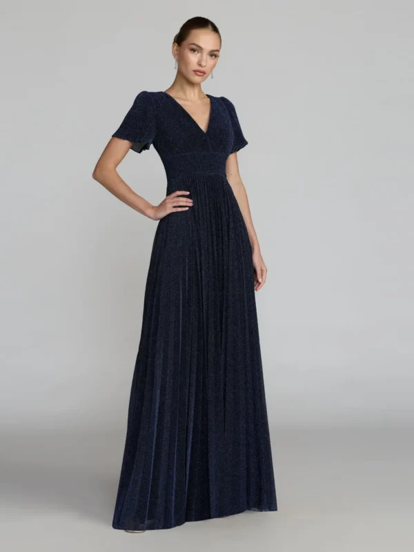 Petite Navy Pleated Metallic Flutter Sleeve A Line Gown