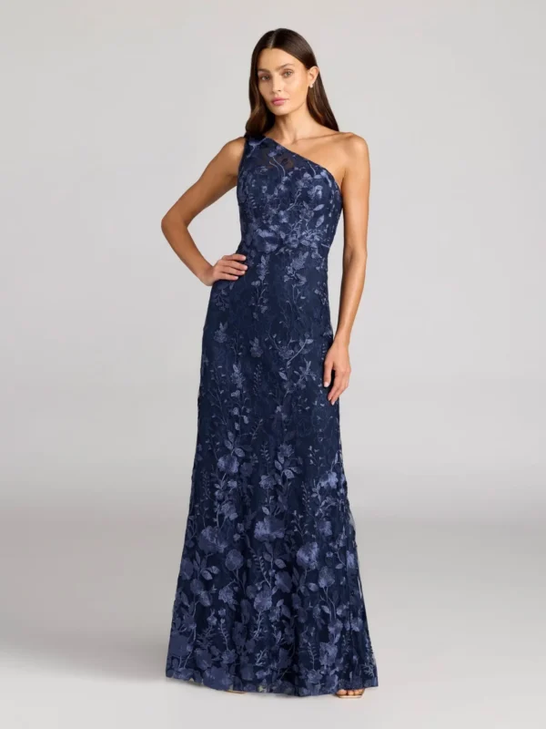 Petite Navy One Shoulder Floral Embroidered Gown