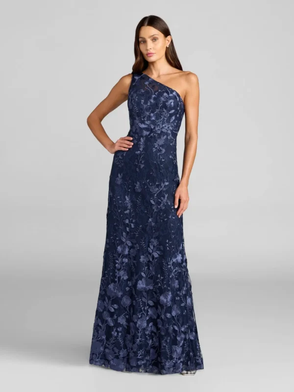 Petite Navy One Shoulder Floral Embroidered Gown