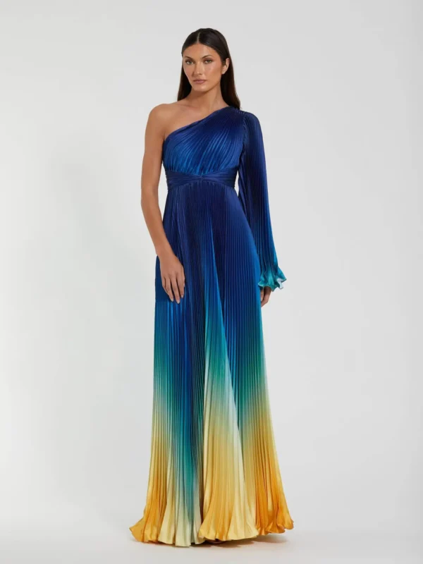 Petite Blue Pleated Charmeuse One Shoulder Ombre Gown