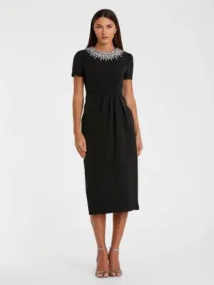 Petite Black Short Sleeve Rhinestone Neckline Midi Dress