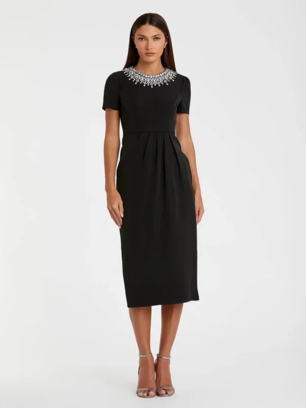 Petite Black Short Sleeve Rhinestone Neckline Midi Dress