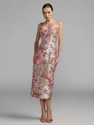 Light Pink Floral Brocade Bow Strap Midi Dress