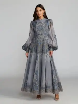Petite Slate Blue Bishop Sleeve Printed Cotton A-Line Dress
