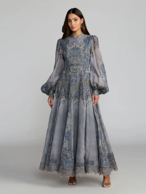 Petite Slate Blue Bishop Sleeve Printed Cotton A-Line Dress