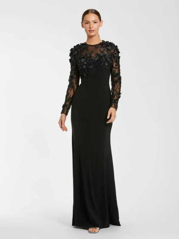 Petite Black Long Sleeve Floral Embellished Column Gown