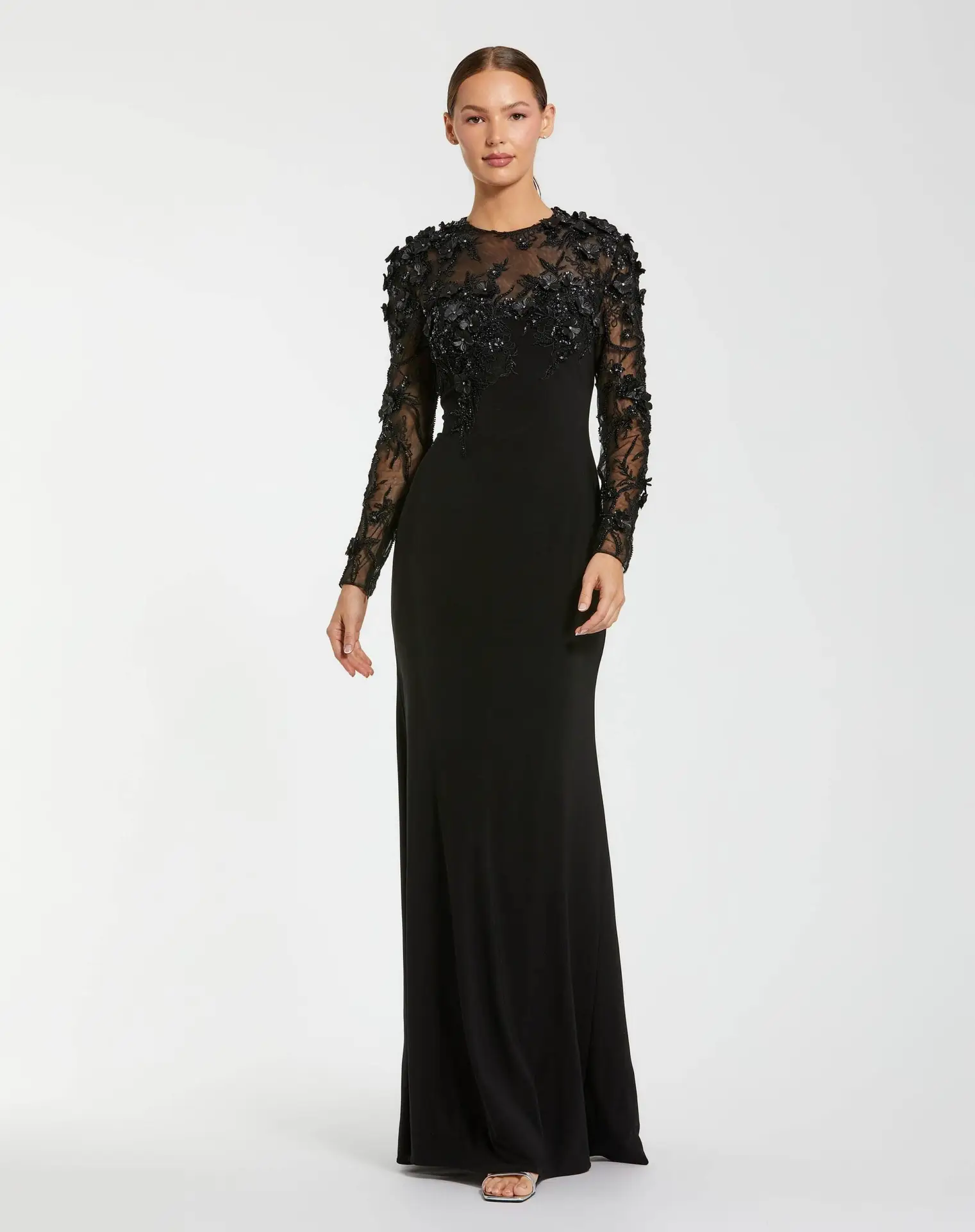 Petite Black Long Sleeve Floral Embellished Column Gown