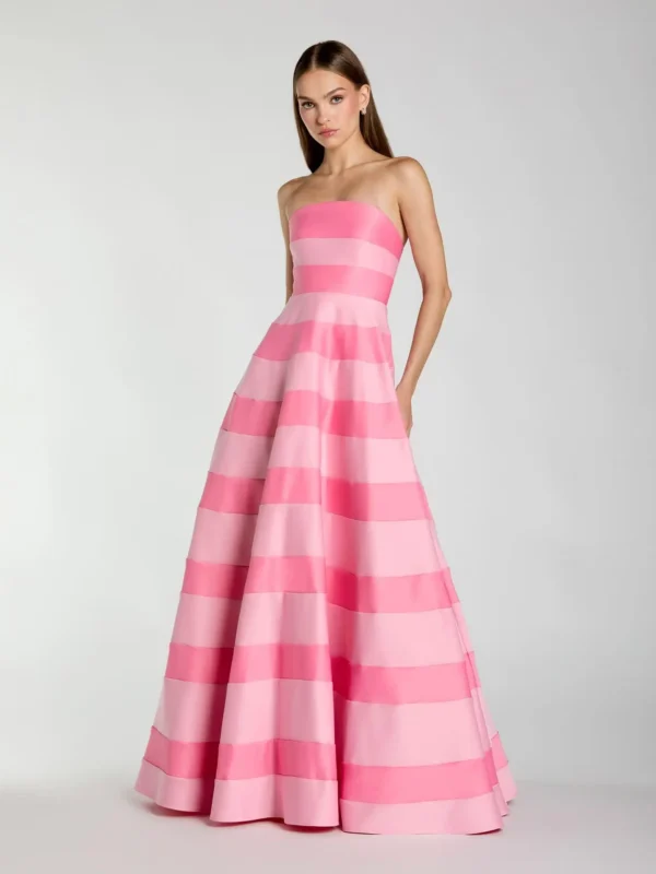 Petite Pink Striped Satin Strapless Ballgown With Pockets