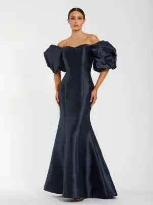 Petite Navy Sweetheart Off The Shoulder Puff Sleeve Gown