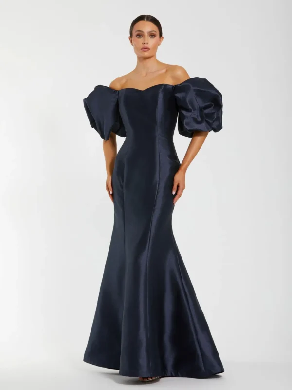 Petite Navy Sweetheart Off The Shoulder Puff Sleeve Gown