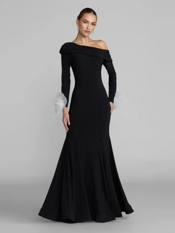 Petite Black One Shoulder Long Sleeve Jersey Gown