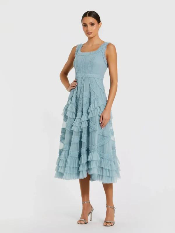 Petite Blue Scoop Neck Sleeveless Micro Ruffle Midi Dress