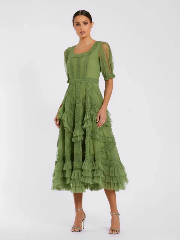 Petite Green Short Sleeve Micro Ruffle Midi Dress