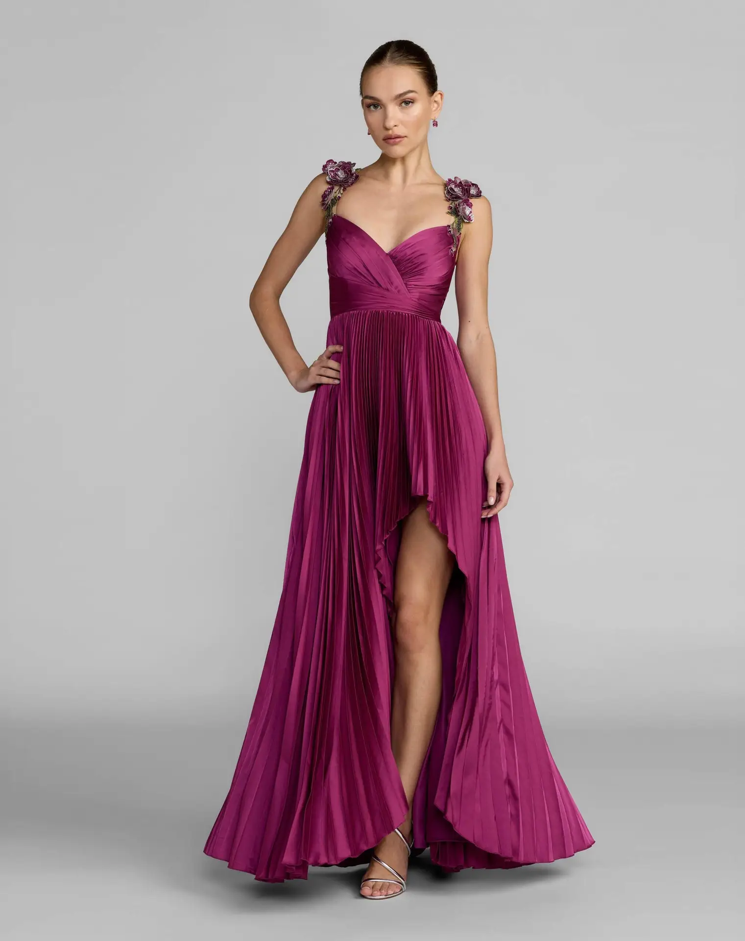 Purple Pleated High Low Gown With 3D Floral Straps
