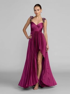 Purple Pleated High Low Gown With 3D Floral Straps
