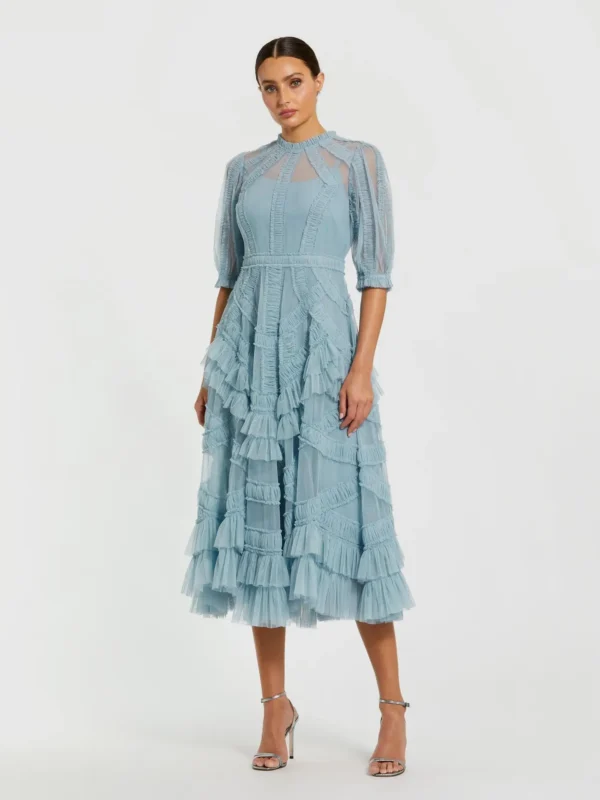 Petite Blue High Neck Ruffle Tiered A-Line Midi Dress