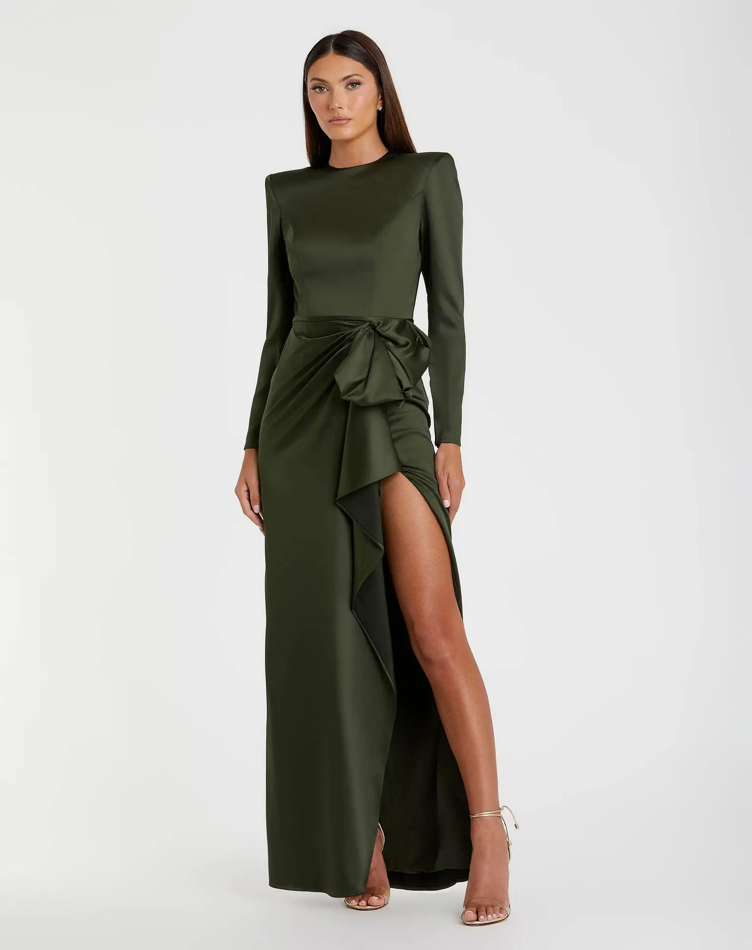 Petite Green Long Sleeve Satin Structured Bow Draped Column Gown