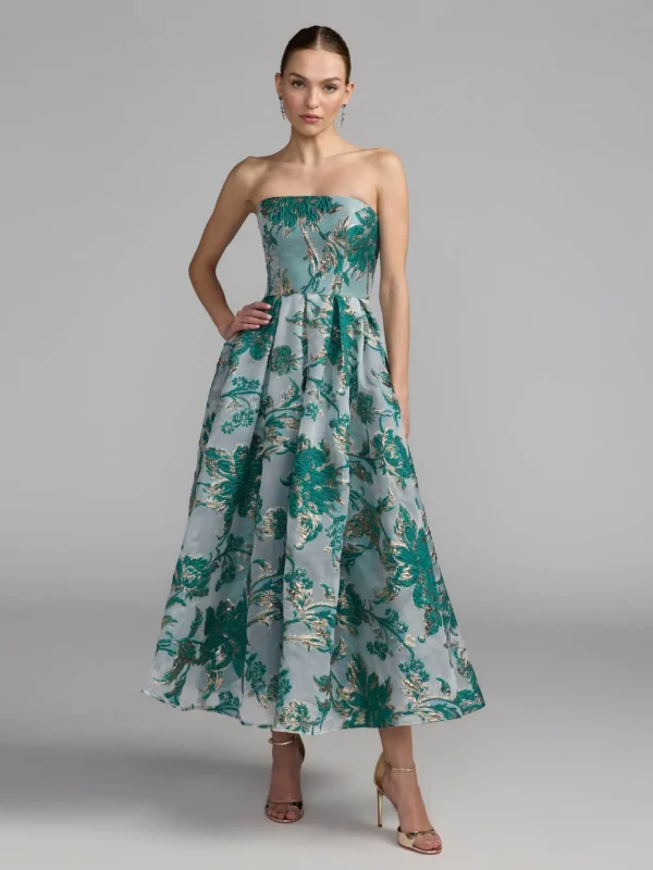 Petite Teal Strapless Brocade Midi Dress with Pockets