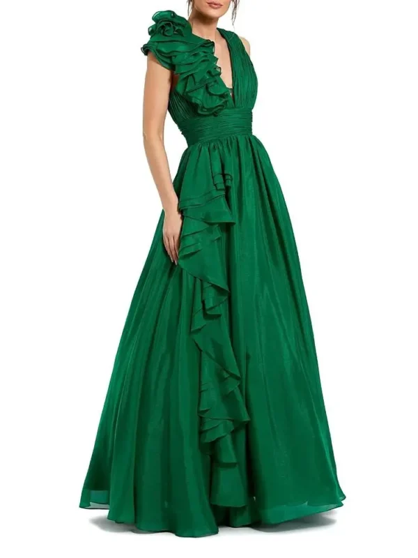 Mac Duggal Petite Ruffle Shoulder V-Neck Chiffon Gown