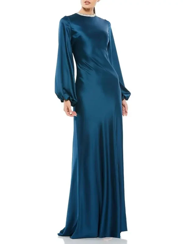 Mac Duggal Petite Beaded High Neck Bishop Sleeve Satin Gown