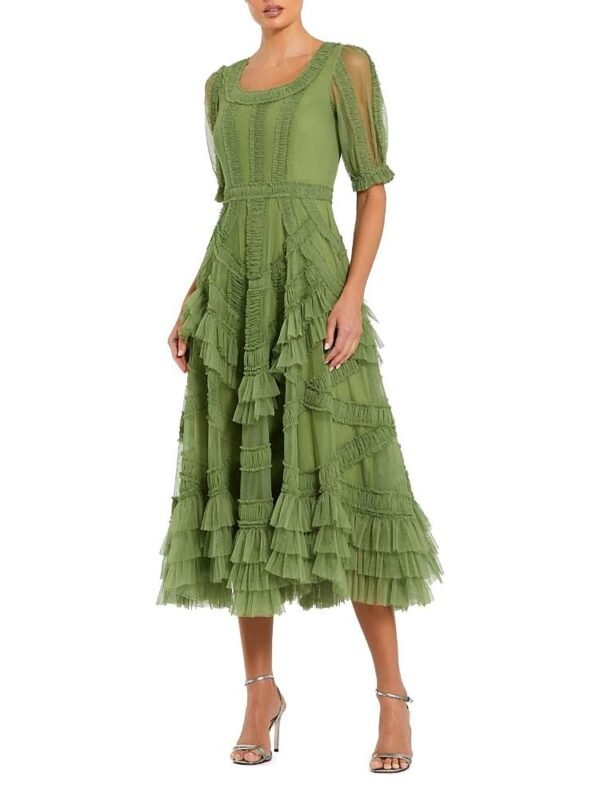 Mac Duggal Petite Short Sleeve Mesh Mirco Ruffle Midi Dress
