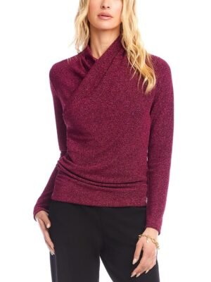 Karen Kane Petite Long Sleeve Metallic Crossover Side Shirred Top