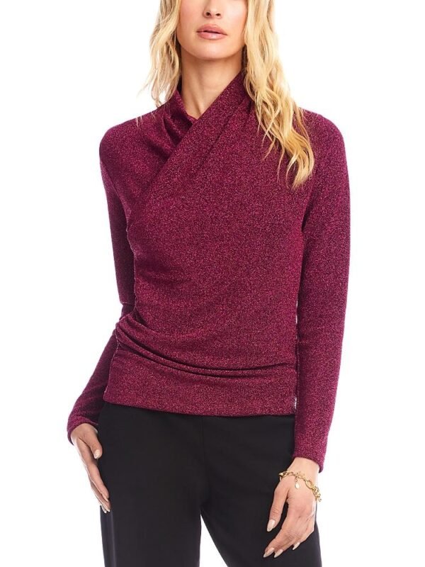Karen Kane Petite Long Sleeve Metallic Crossover Side Shirred Top