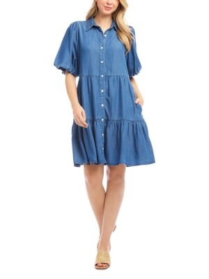 Karen Kane Petite Size Puff Sleeve Tiered Shirtdress