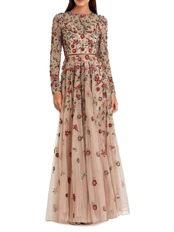 Mac Duggal Petite Embellished High Neck Long Sleeve A-Line Gown